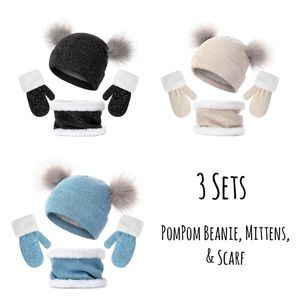 3 Kids Pom Pom Beanie Mittens Scarf Sets